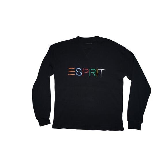 Esprit Black Waffle Knit Long Sleeve Shirt – Multicolor Logo – Size Small - Picture 1 of 5